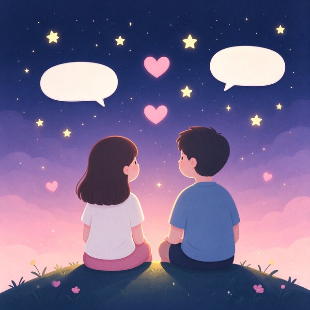 男孩女孩并肩坐在山丘上看星星的温馨插画