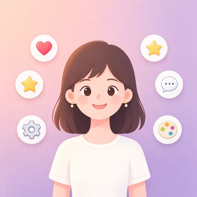 女孩形象周围环绕个性化定制选项图标的插画